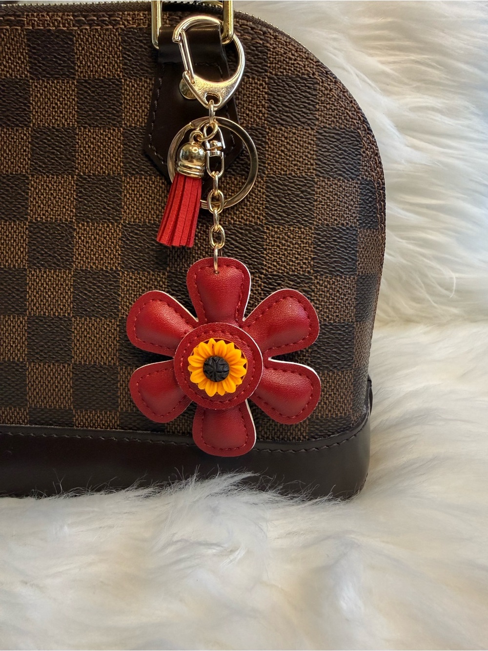 Dark red Faux Leather Flower Bag Charm Keychain New Handmade Purse Accessories